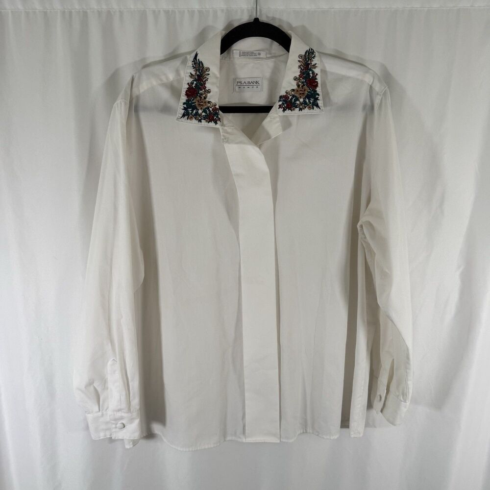 Jos A Bank Dress Shirt Women's 16 White Floral Embroidered Collar Long Sleeve
